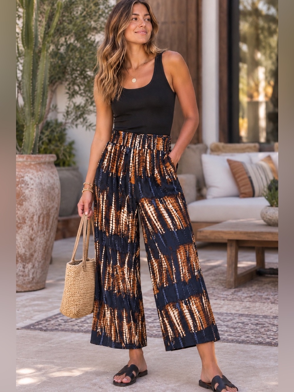 LASCANA Navy Brown Elastic Waist Tie Dye  Palazzo Pants Boho Pull On Size 2